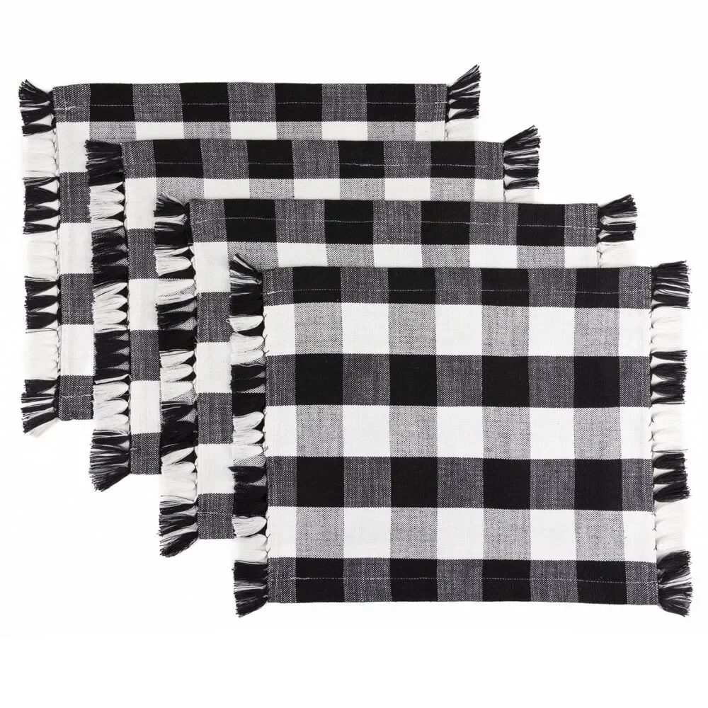 Mainstays Buffalo Black & White Plaid Woven Cotton Placemats Fringed Edges (4)